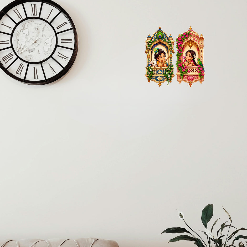 Radha Krishna Jharokha Sticker Set of 2 Applied on Wall for Spiritual Home Decor by STIXY