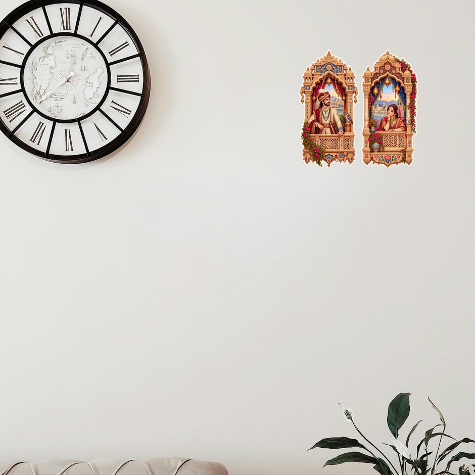 Indian Heritage Royal Couple Jharokha Sticker Set of 2 Applied on Wall for Traditional Home Decor by STIXY