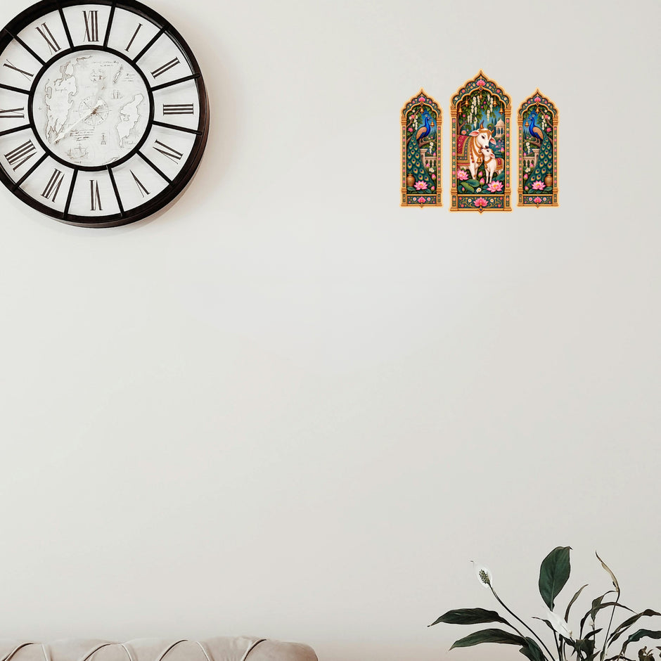 Traditional Cow and Peacock Jharokha Sticker Set Applied on Wall for Indian Home Decor by STIXY