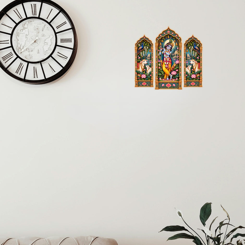 : Lord Krishna with Cows Jharokha Sticker Set Applied on Wall for Spiritual Home and Pooja Room Decor by STIXY