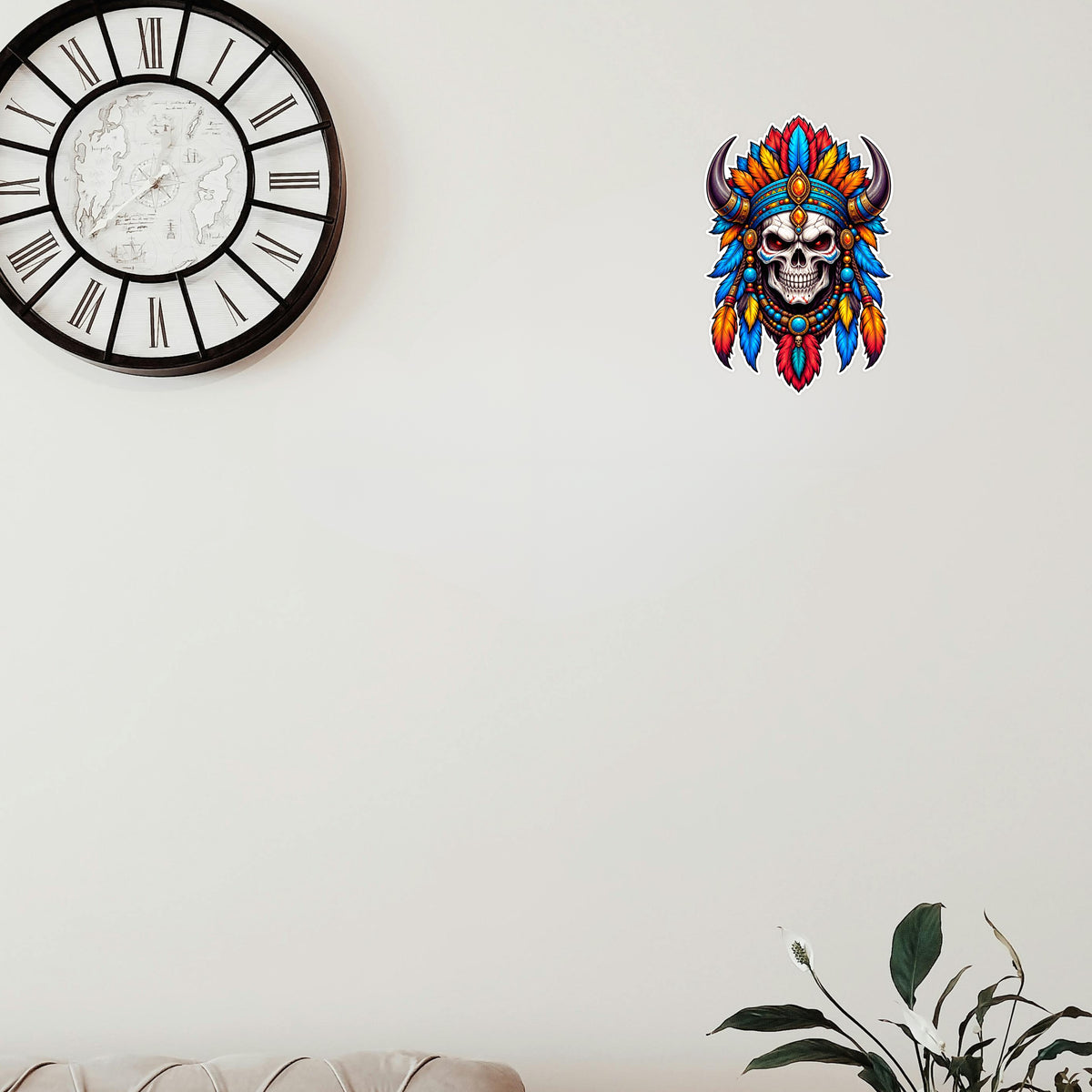Tribal Skull with Colorful Feather Headdress Decorative Sticker Applied on Wall by STIXY