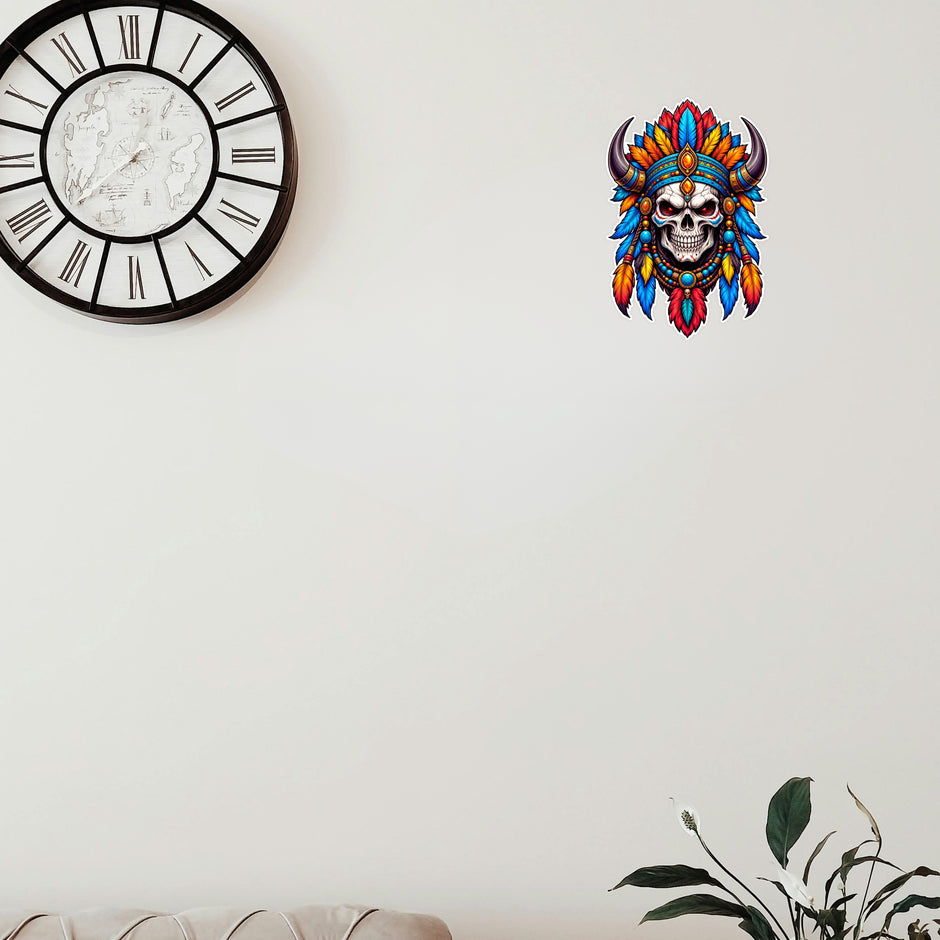 Tribal Skull with Colorful Feather Headdress Decorative Sticker Applied on Wall by STIXY