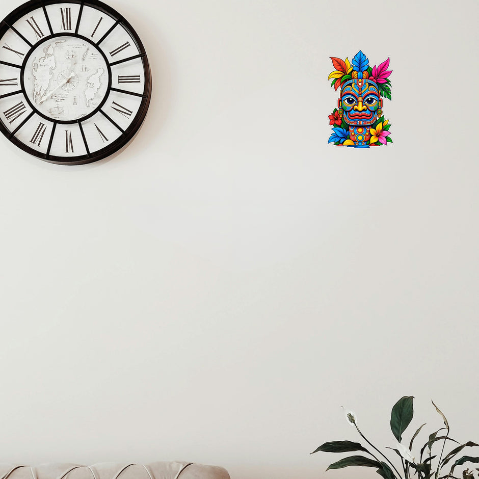 Colorful Tribal Mask and Tropical Leaf Sticker Applied on Wall for Artistic Home Decor by STIXY