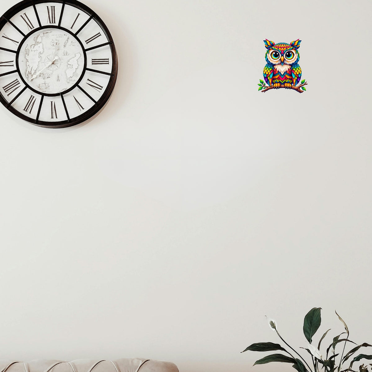 Colorful Cute Owl Waterproof Sticker Displayed on Wall by STIXY