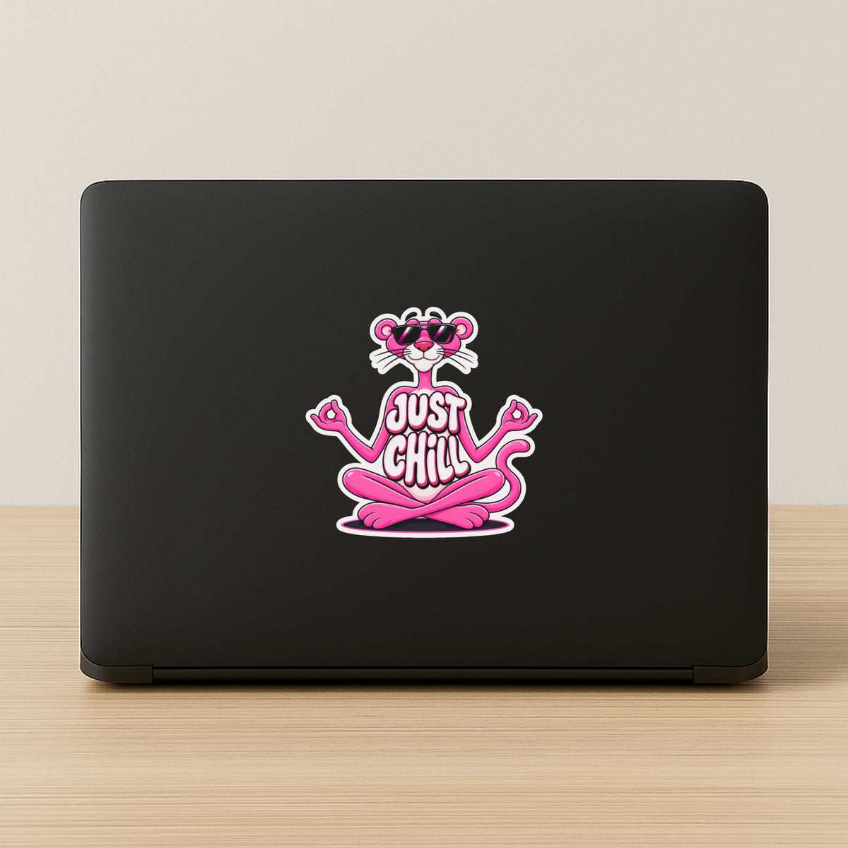 Pink Panther Just Chill Aesthetic Laptop Decal on Black Laptop by STIXY