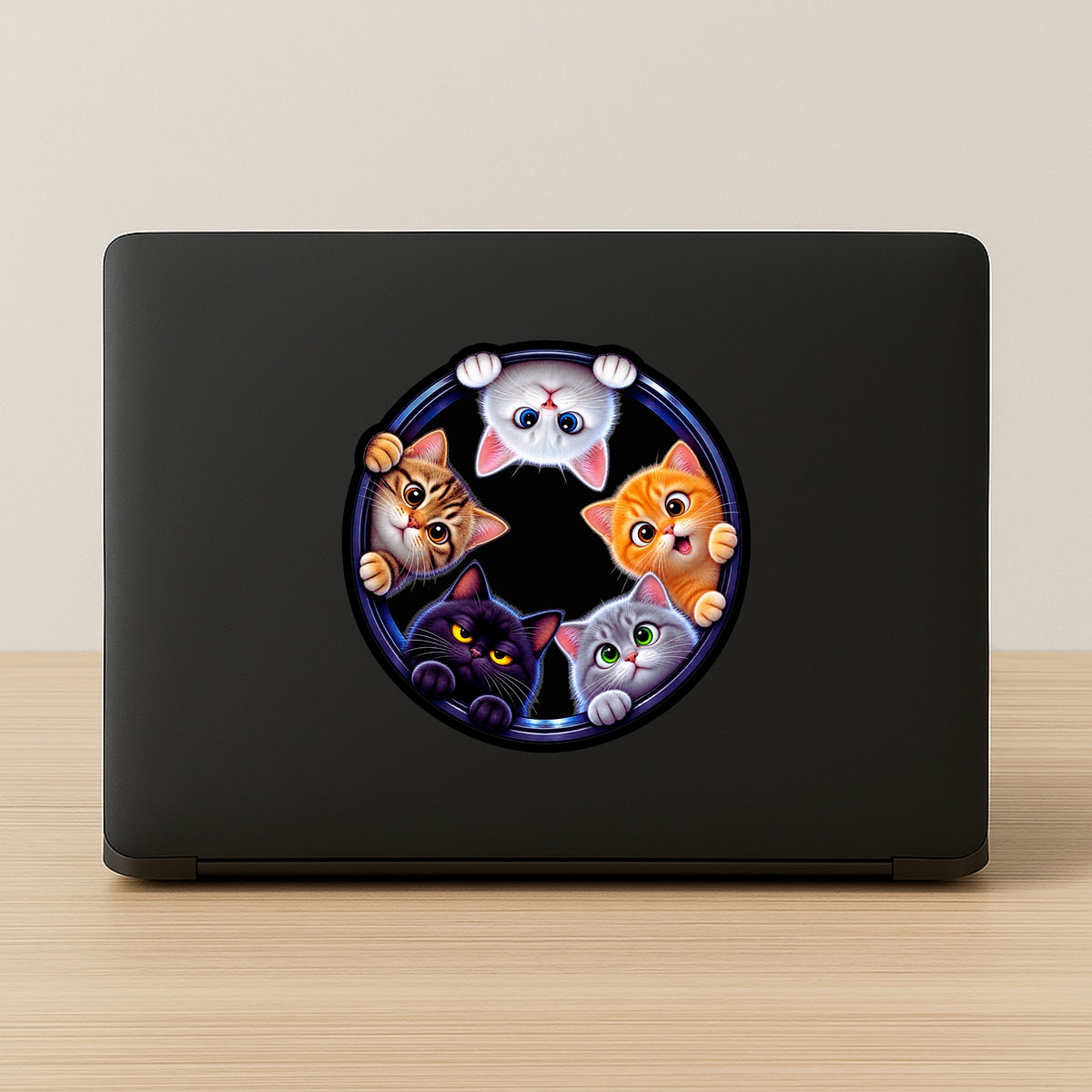 Five Funny Cats Peeking Through Circular Hole Sticker Applied on Laptop by STIXY