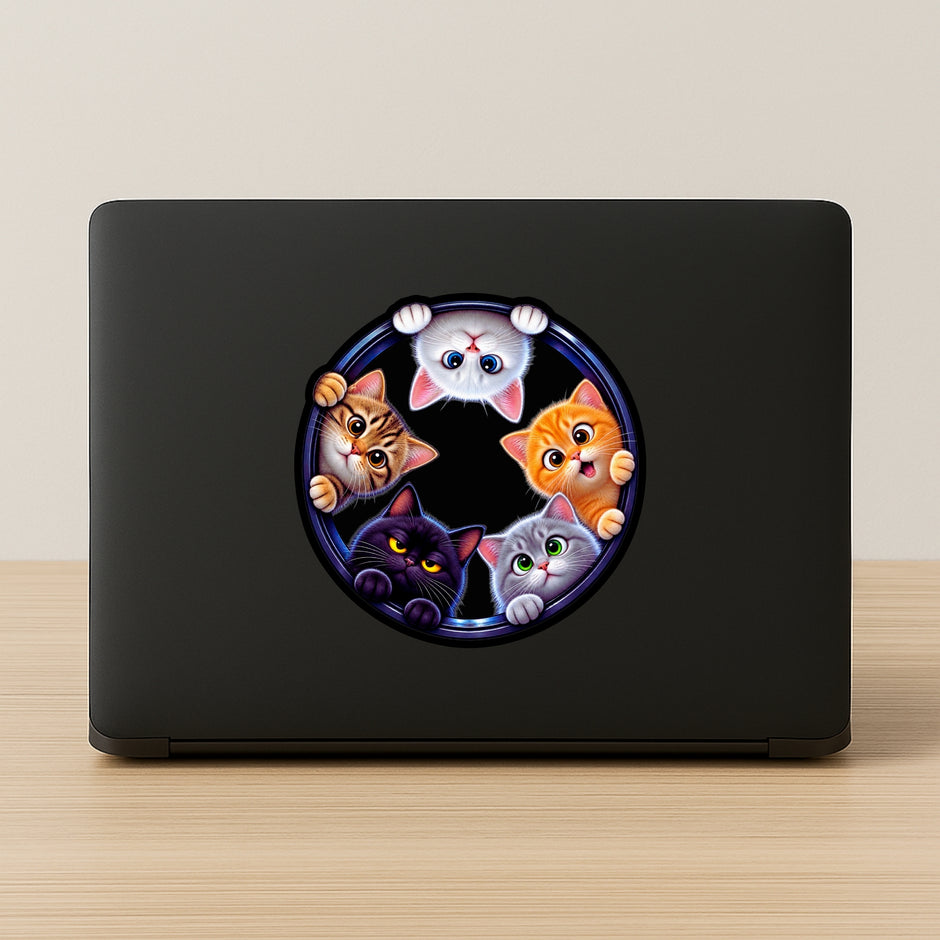 Five Funny Cats Peeking Through Circular Hole Sticker Applied on Laptop by STIXY
