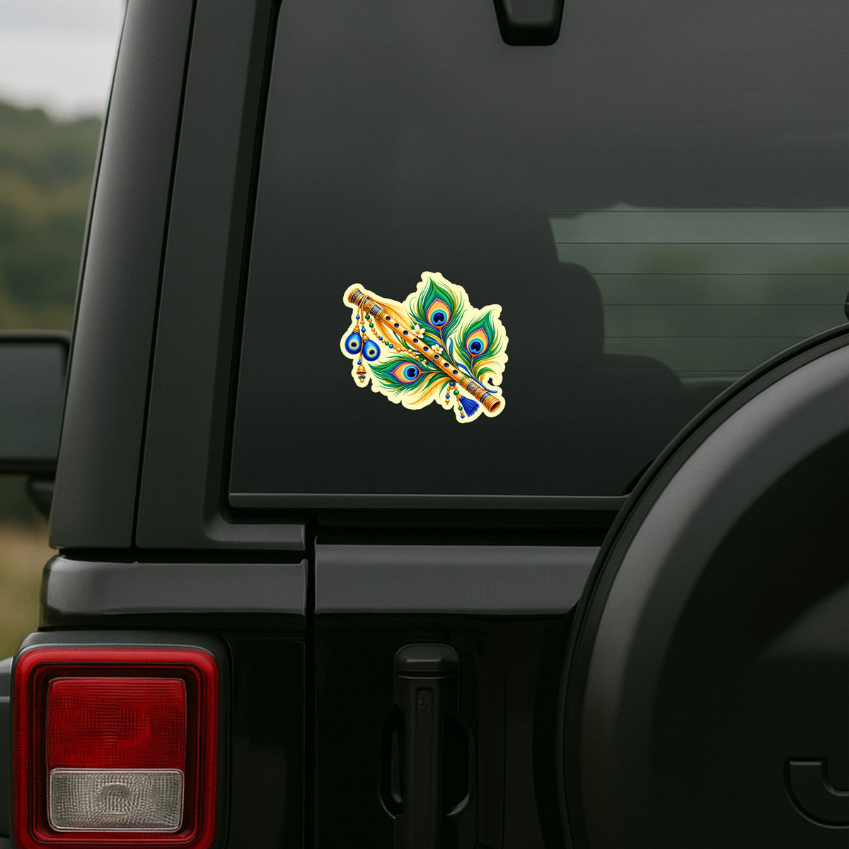 Lord Krishna Bansuri and Peacock Feather Devotional Sticker on SUV Rear Window for Spiritual Car Decor