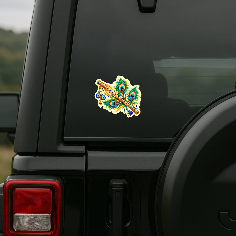 Lord Krishna Bansuri and Peacock Feather Devotional Sticker on SUV Rear Window for Spiritual Car Decor