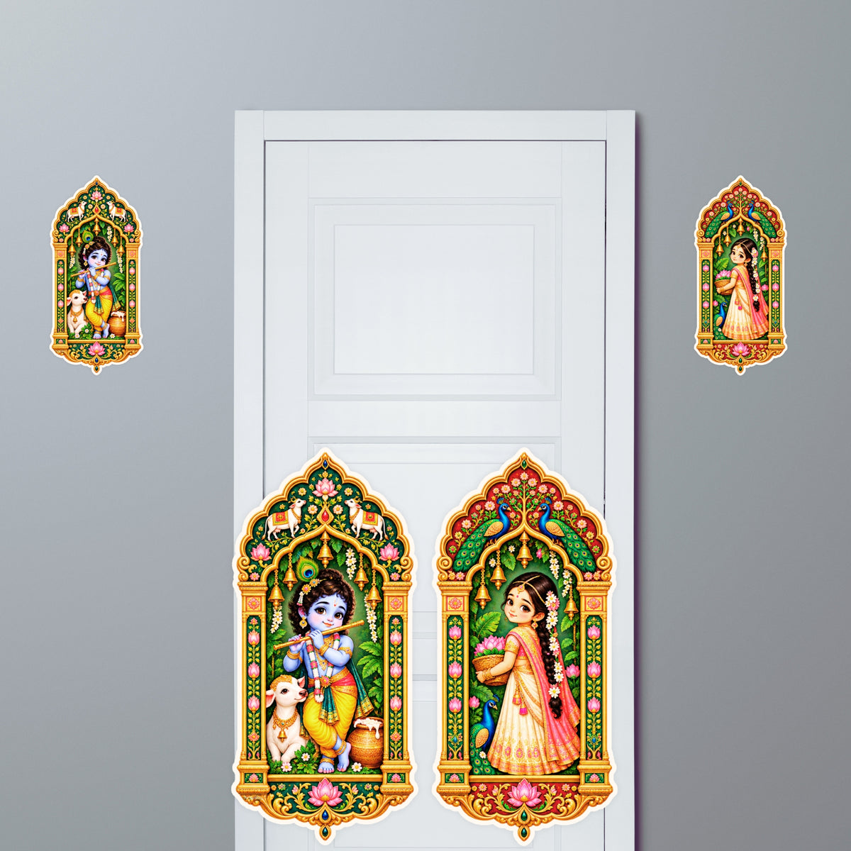 Krishna and Radha Jharokha Sticker Pair Applied Beside Door for Spiritual Home Entrance Decor by STIXY