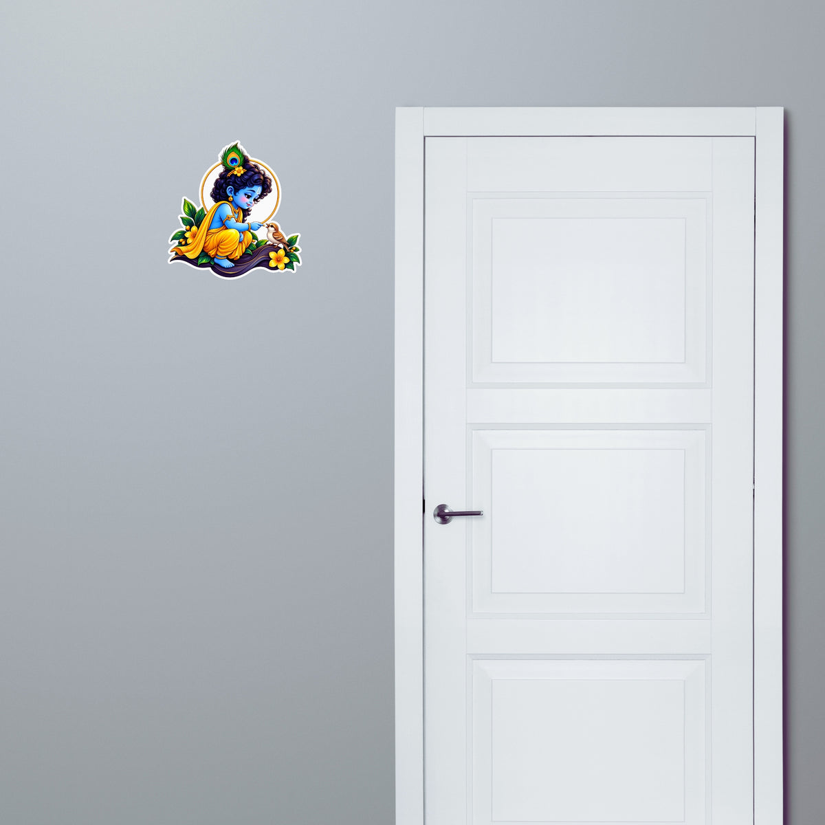 Bal Krishna Feeding Bird Spiritual Sticker Applied Near Door for Devotional Home Decor by STIXY