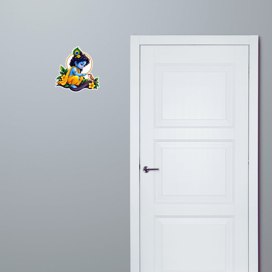 Bal Krishna Feeding Bird Spiritual Sticker Applied Near Door for Devotional Home Decor by STIXY