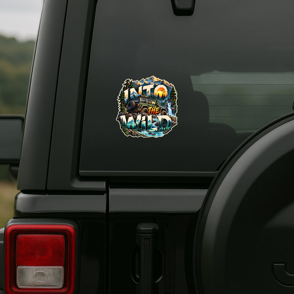 Into The Wild Mountain Off Road Adventure Sticker Displayed on SUV Rear Window by STIXY