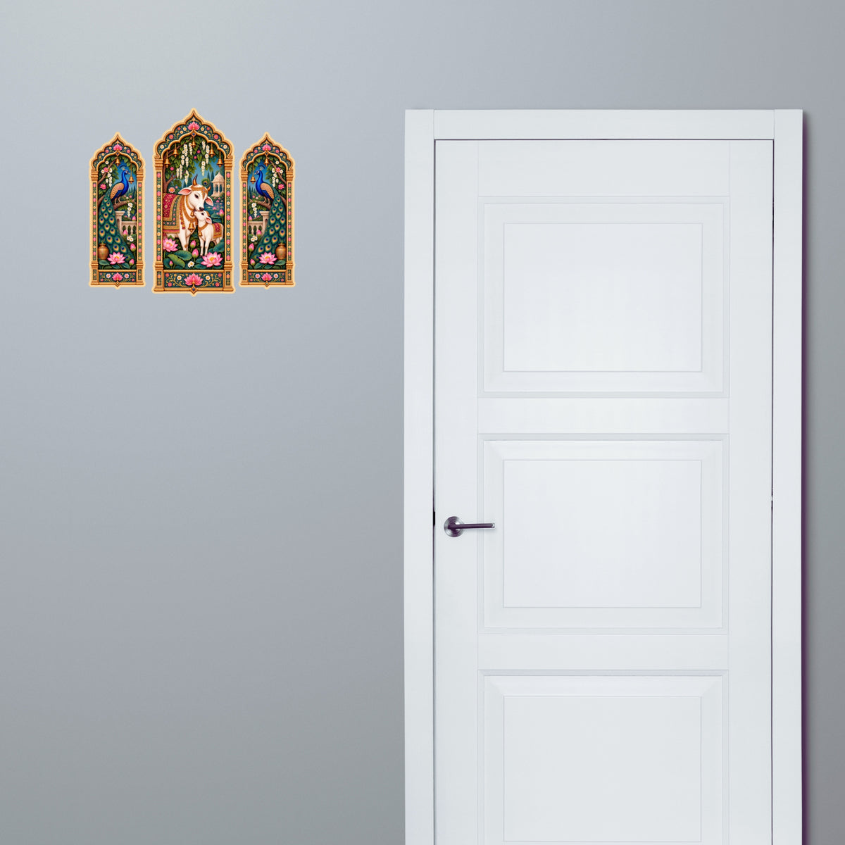 Cow and Peacock Jharokha Sticker Set of 3 Applied Near Door for Traditional Home Entrance Decor by STIXY