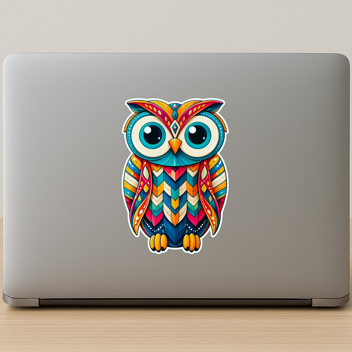 Big Eyes Colorful Owl Waterproof Sticker Applied on Laptop by STIXY