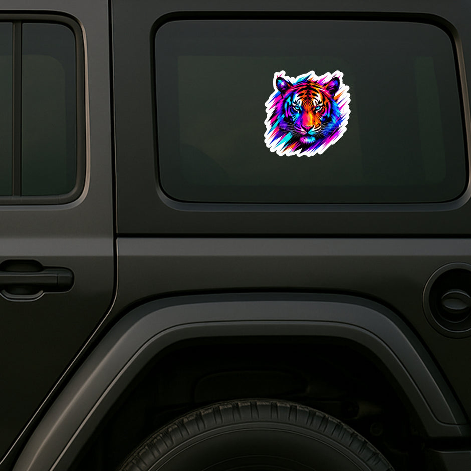 Vibrant Neon Tiger Face Waterproof Matte Sticker Applied on SUV by STIXY