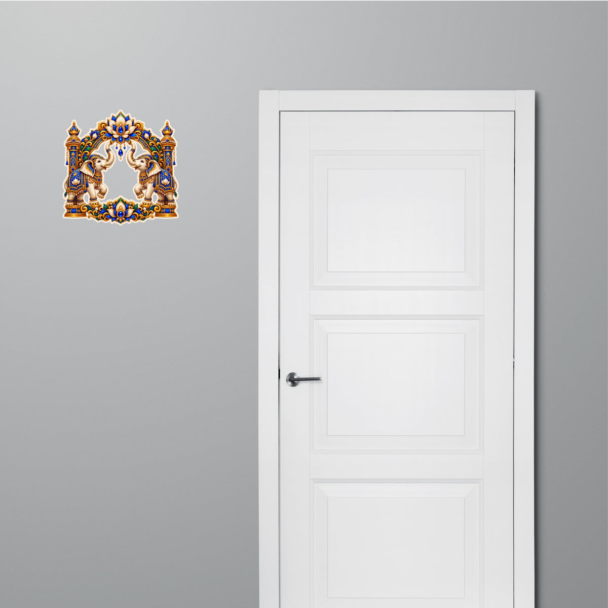Pair of White Elephants Lotus Vastu Waterproof Matte Vinyl Sticker Applied Near Door by STIXY