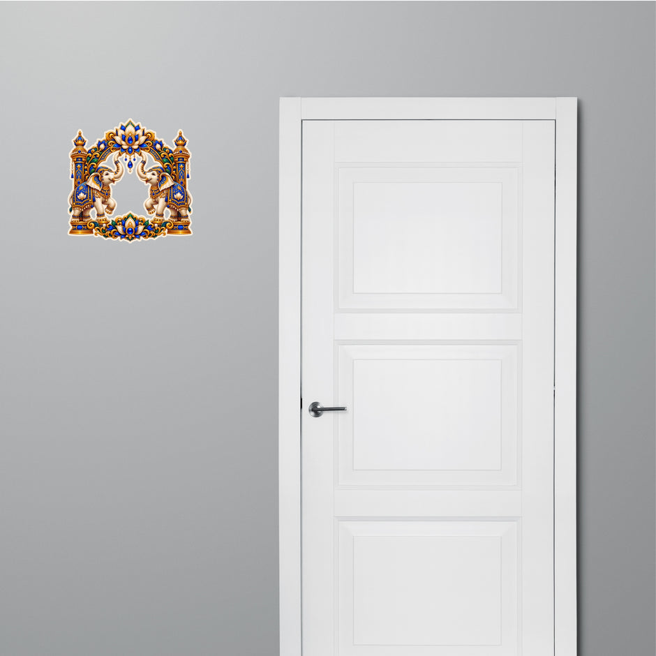 Pair of White Elephants Lotus Vastu Waterproof Matte Vinyl Sticker Applied Near Door by STIXY
