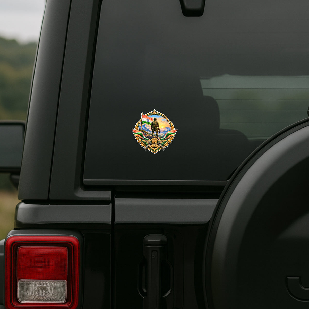 Indian Army Soldier Patriotic Badge Sticker Displayed on SUV Rear Window by STIXY
