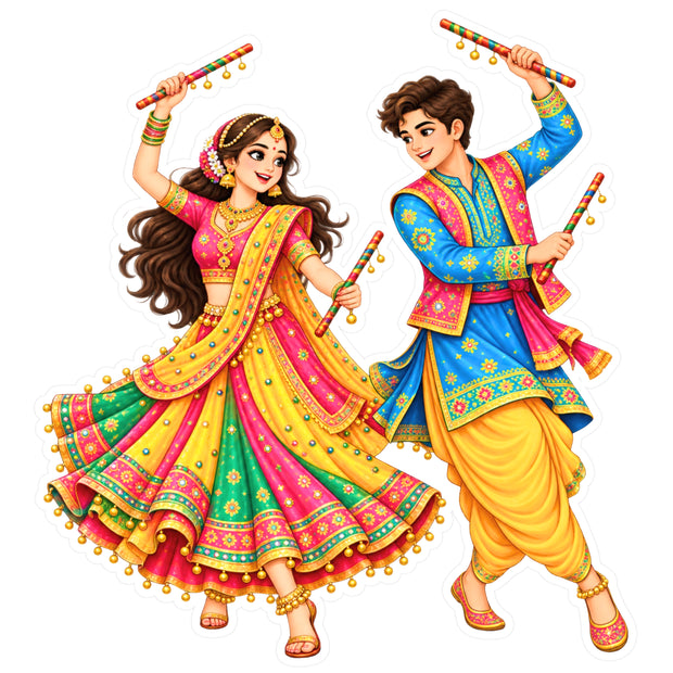 Garba Dandiya Dancing Couple Traditional Gujarati Waterproof Matte Vinyl Sticker by STIXY