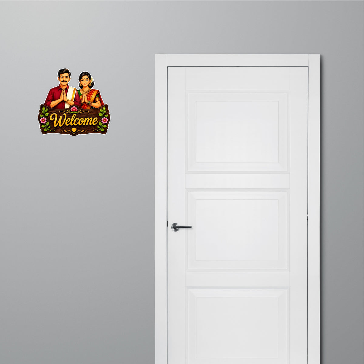 Indian Couple Namaste Welcome Sticker Applied on Main Door for Home Entrance Decor by STIXY
