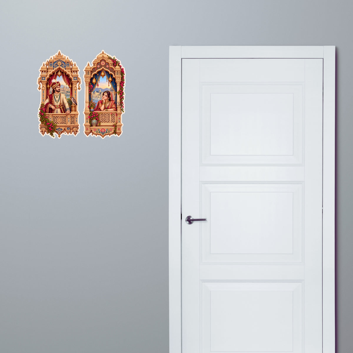 Royal Couple Heritage Jharokha Sticker Set Applied Near Door for Indian Entrance Decor by STIXY