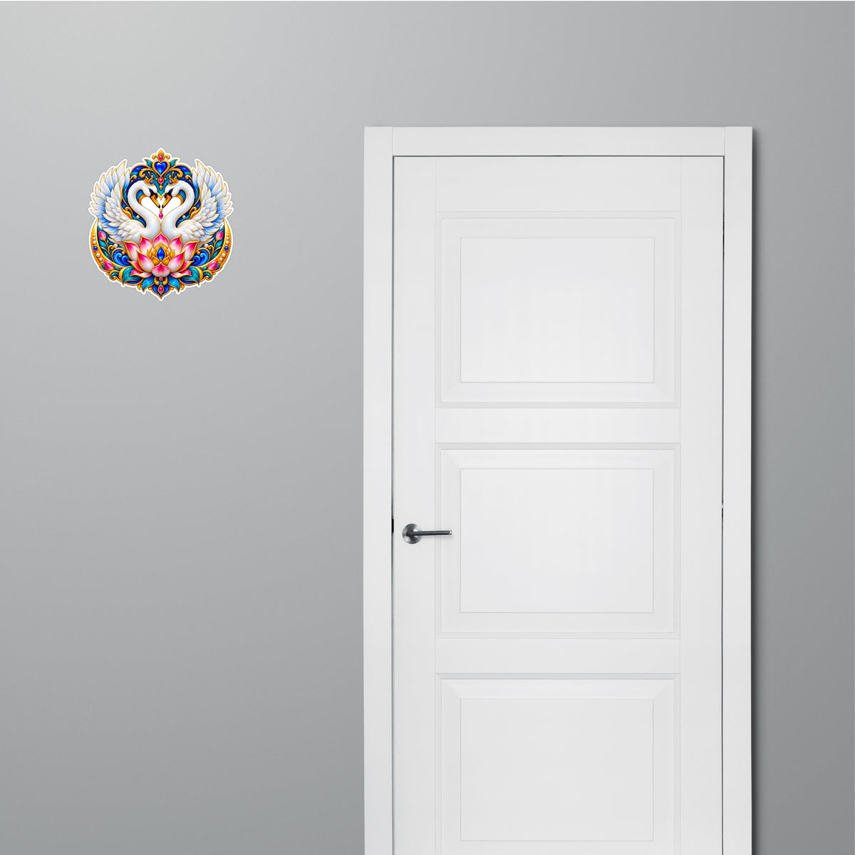 Swan Couple Lotus Love and Harmony Waterproof Matte Vinyl Sticker Applied Near Door by STIXY