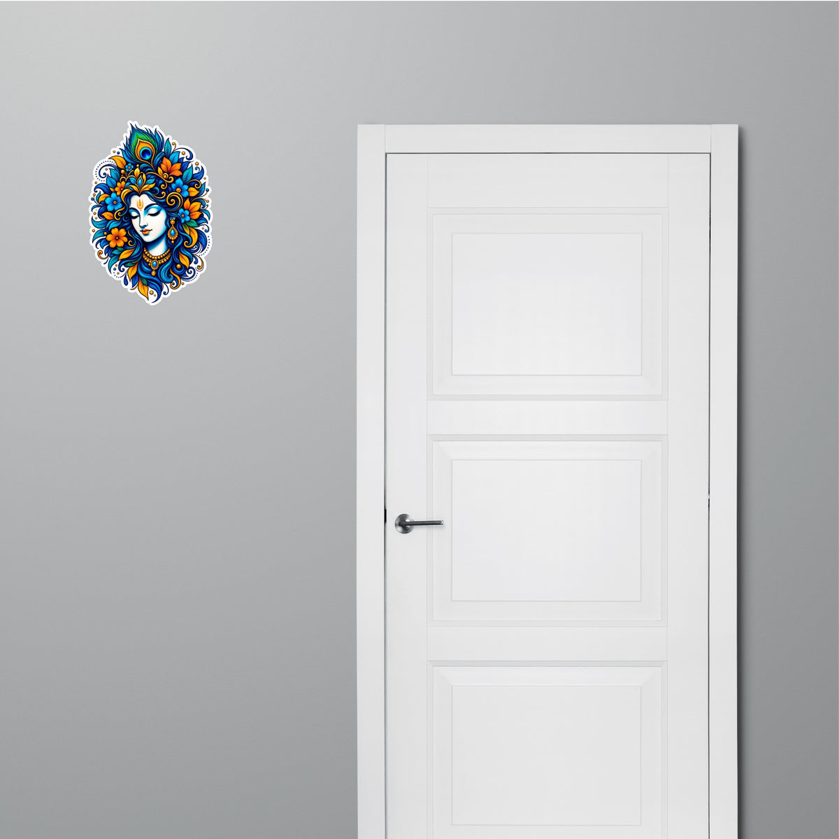 Lord Krishna Face Sticker Applied on Door for Devotional Indian Home Decor by STIXY