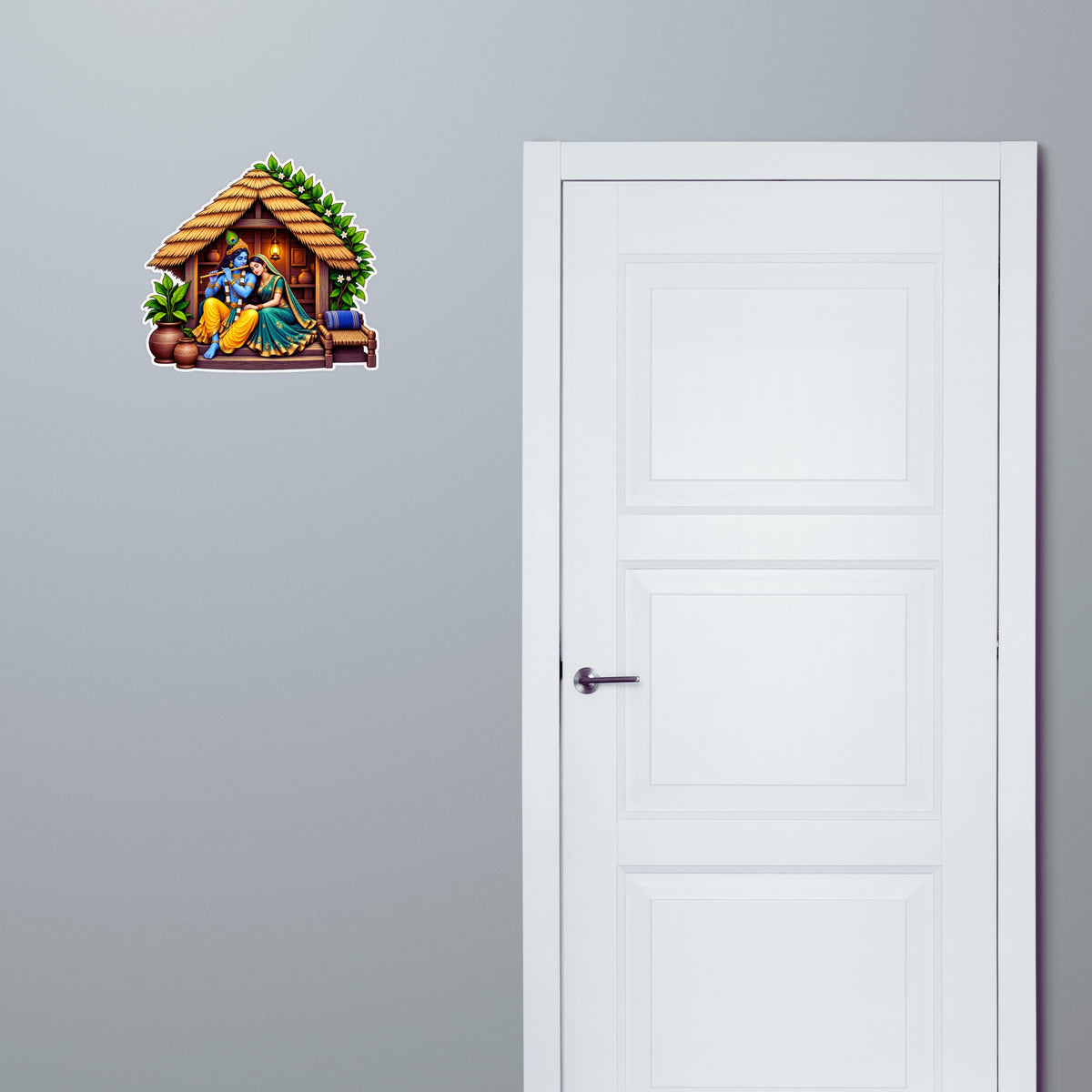 Radha Krishna Village Hut Spiritual Sticker Applied Near Door for Traditional Home Decor by STIXY