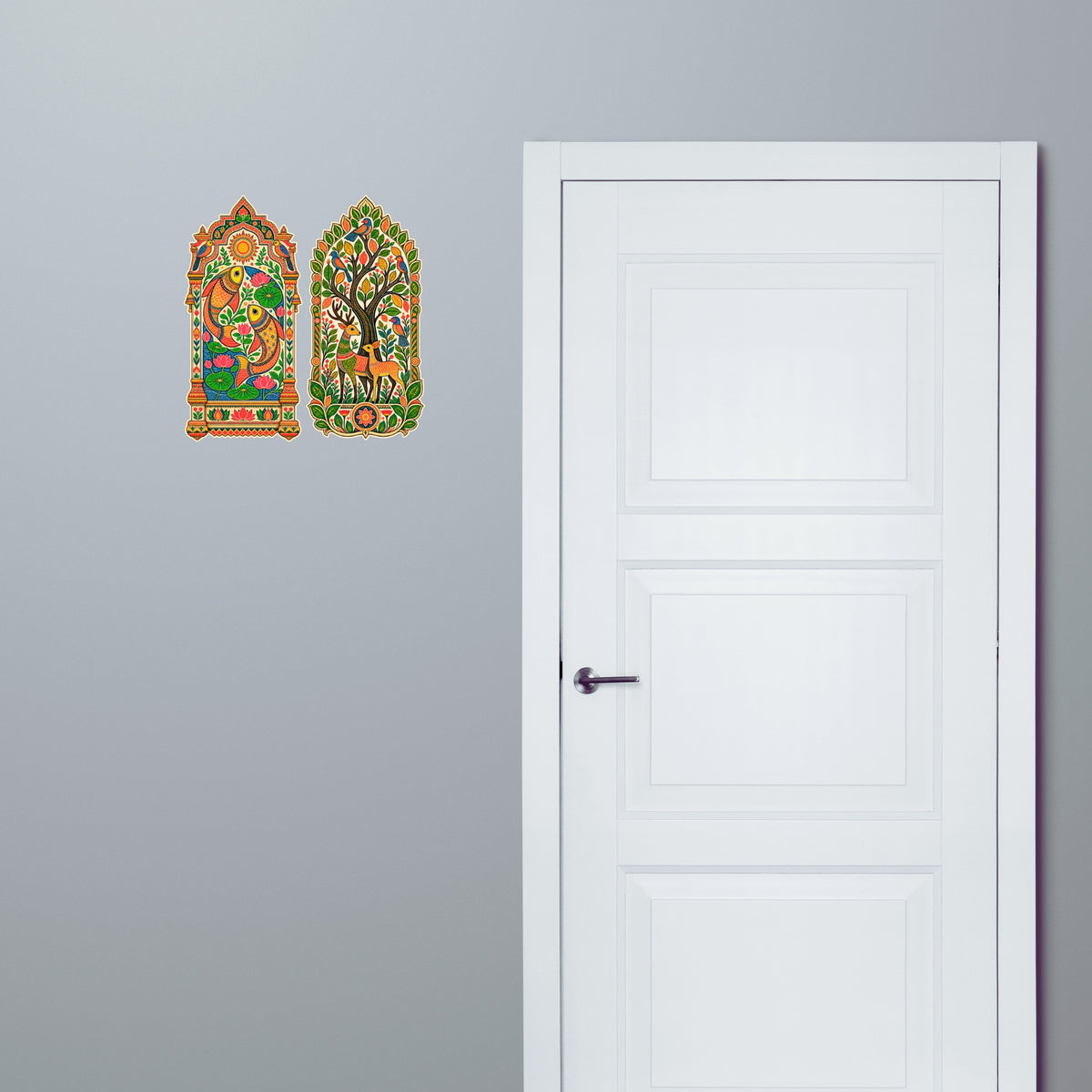 Peacock and Deer Tree Folk Art Jharokha Sticker Set of 2 Applied Near Door for Indian Entrance Decor by STIXY
