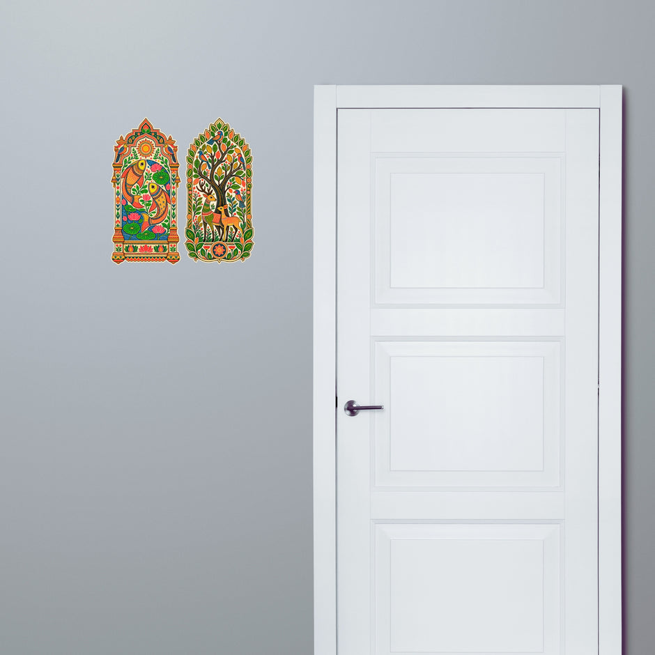 Peacock and Deer Tree Folk Art Jharokha Sticker Set of 2 Applied Near Door for Indian Entrance Decor by STIXY