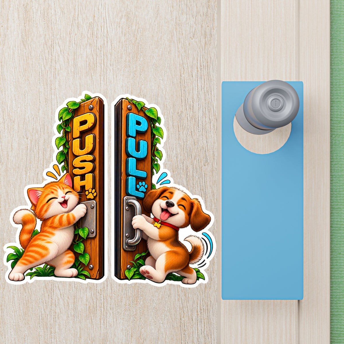 Cute Cat and Dog Push Pull Stickers Displayed on Door by STIXY