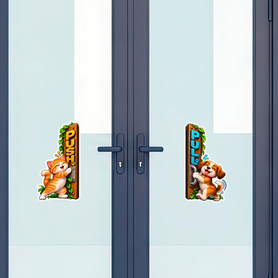 Cute Cat and Dog Push Pull Stickers Displayed on Double Glass Doors by STIXY