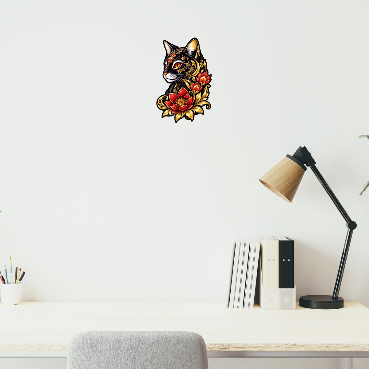 Black Cat Floral Decorative Sticker with Red Flowers and Gold Details Applied on Wall by STIXY
