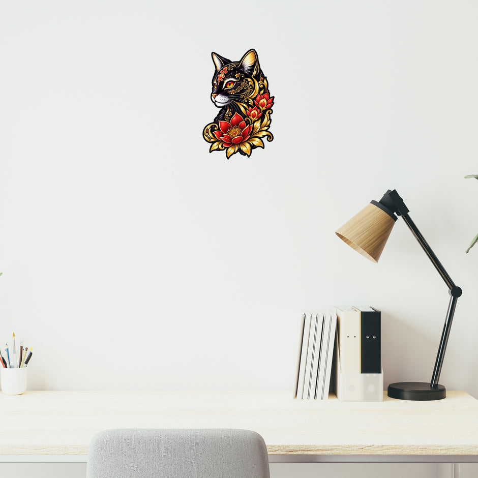 Black Cat Floral Decorative Sticker with Red Flowers and Gold Details Applied on Wall by STIXY