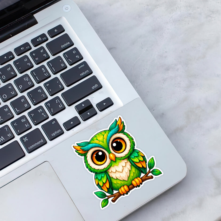 Cute Reading Owl Waterproof Sticker Applied on Laptop by STIXY