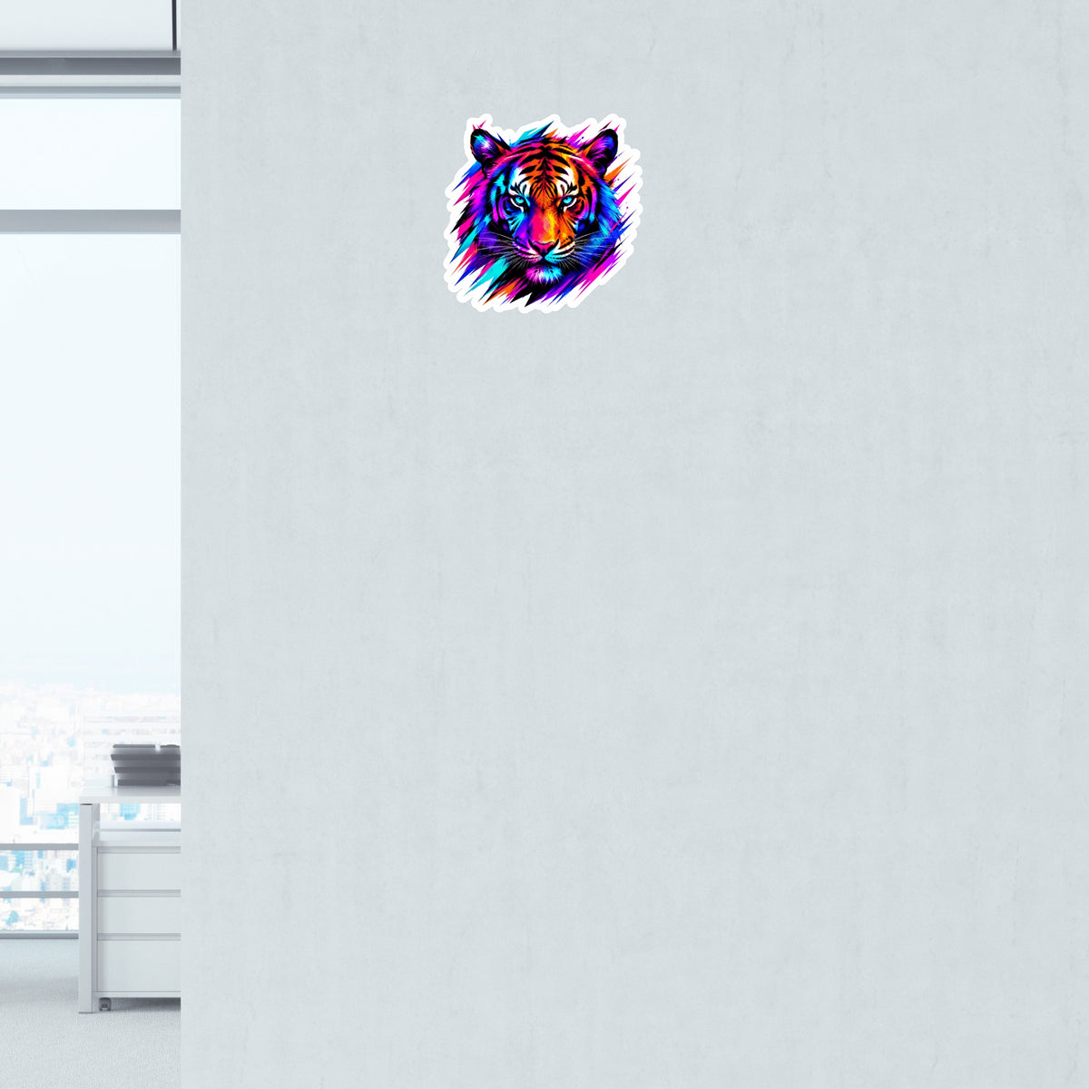 Colorful Neon Tiger Face Waterproof Matte Vinyl Sticker Applied on Smooth Wall by STIXY