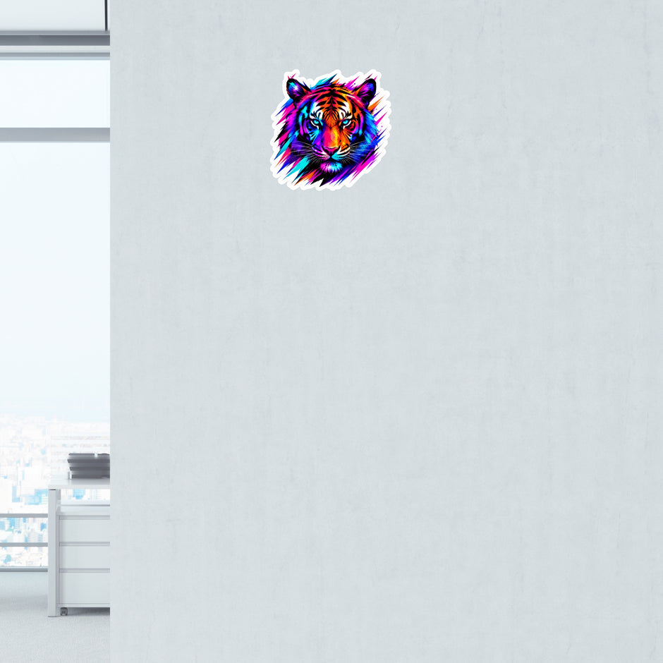 Colorful Neon Tiger Face Waterproof Matte Vinyl Sticker Applied on Smooth Wall by STIXY
