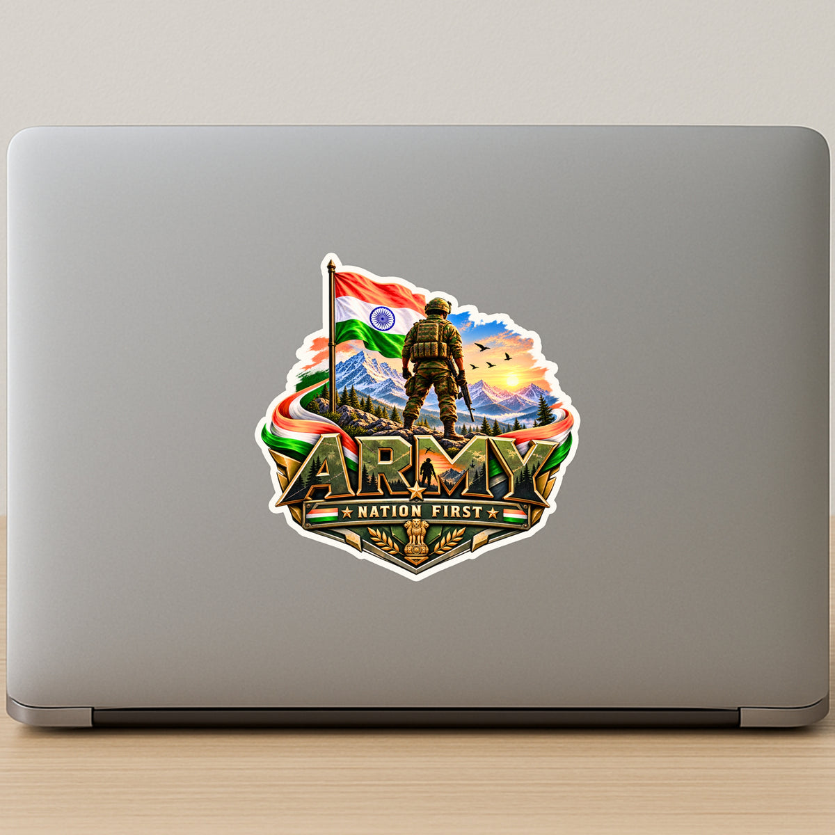 Indian Army Nation First Tricolour Soldier Sticker Displayed on Laptop by STIXY