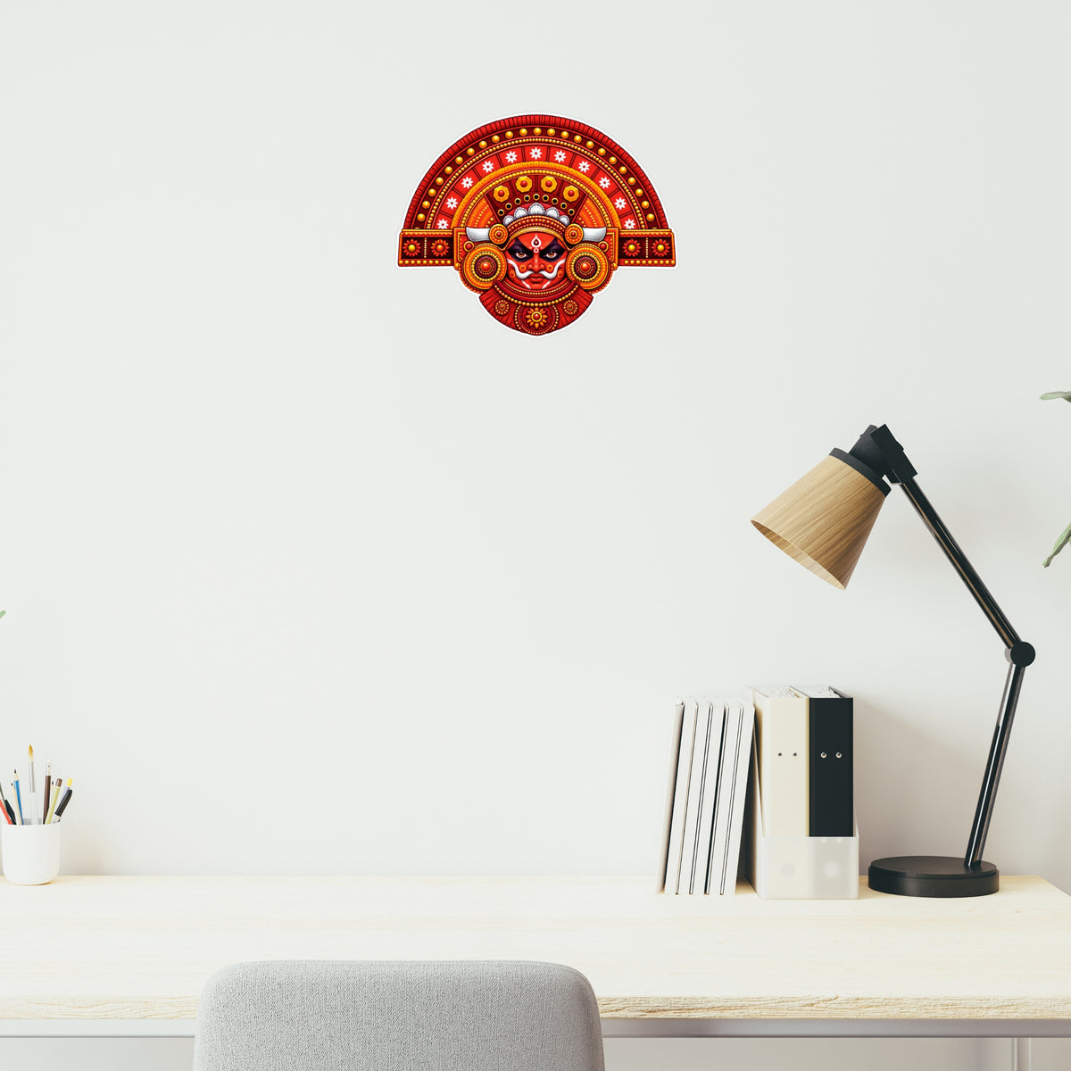 Red Theyyam Face Traditional Folk Art Sticker Applied on Wall by STIXY