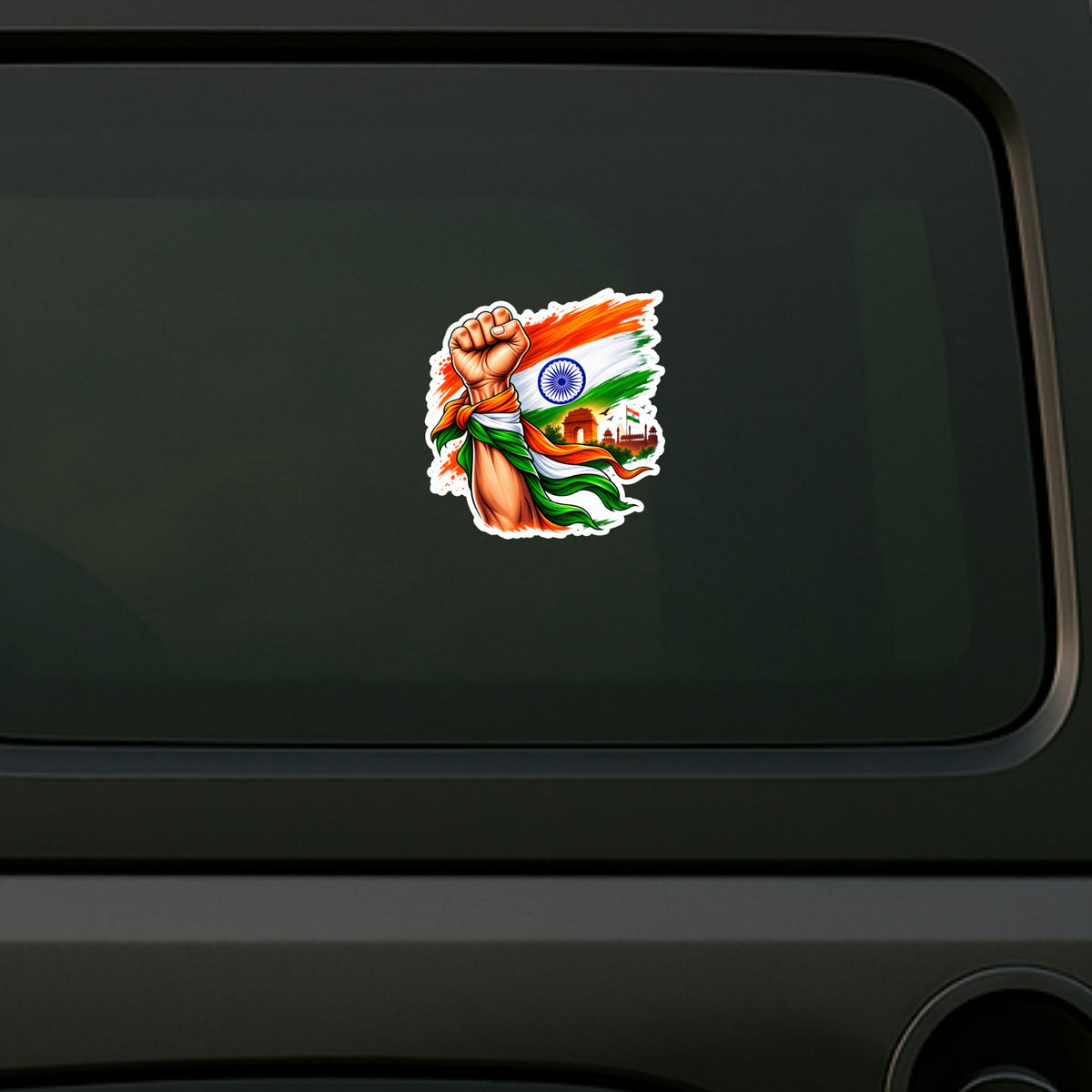 Patriotic Indian Flag Raised Fist Sticker Applied on Car Window by STIXY