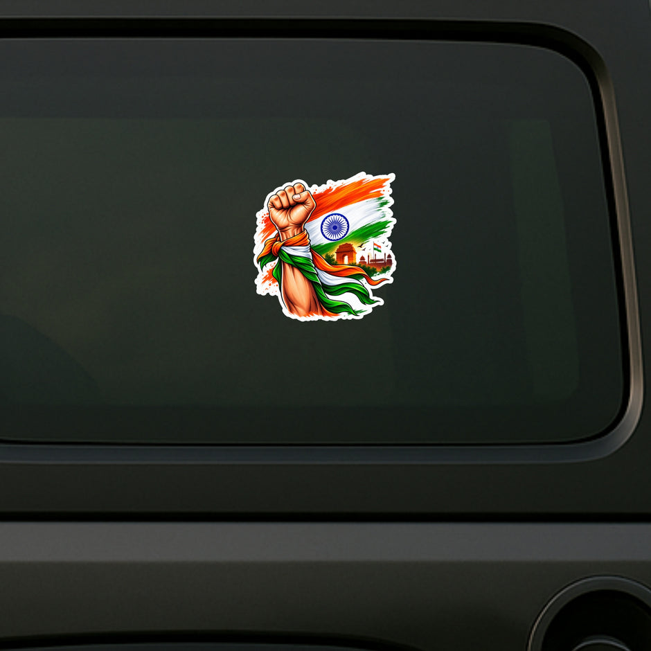 Patriotic Indian Flag Raised Fist Sticker Applied on Car Window by STIXY