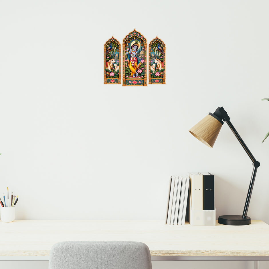 Lord Krishna with Cows Traditional Jharokha Sticker Set for Indian Home and Devotional Room Decor by STIXY