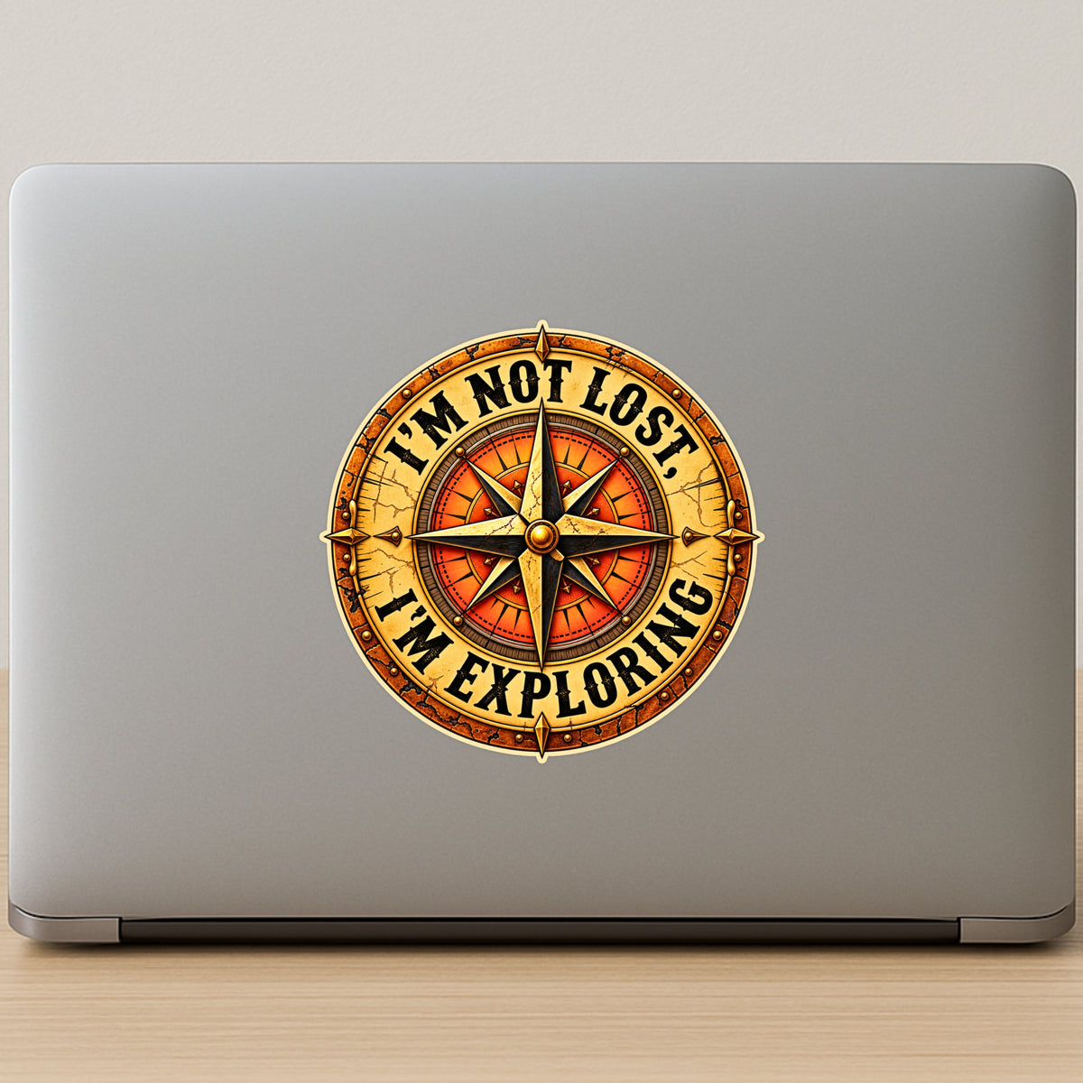 Retro Golden Compass Adventure Sticker on Laptop for Travellers and Explorers