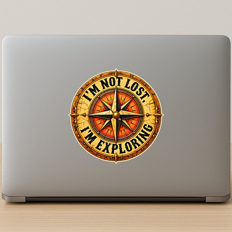 Retro Golden Compass Adventure Sticker on Laptop for Travellers and Explorers