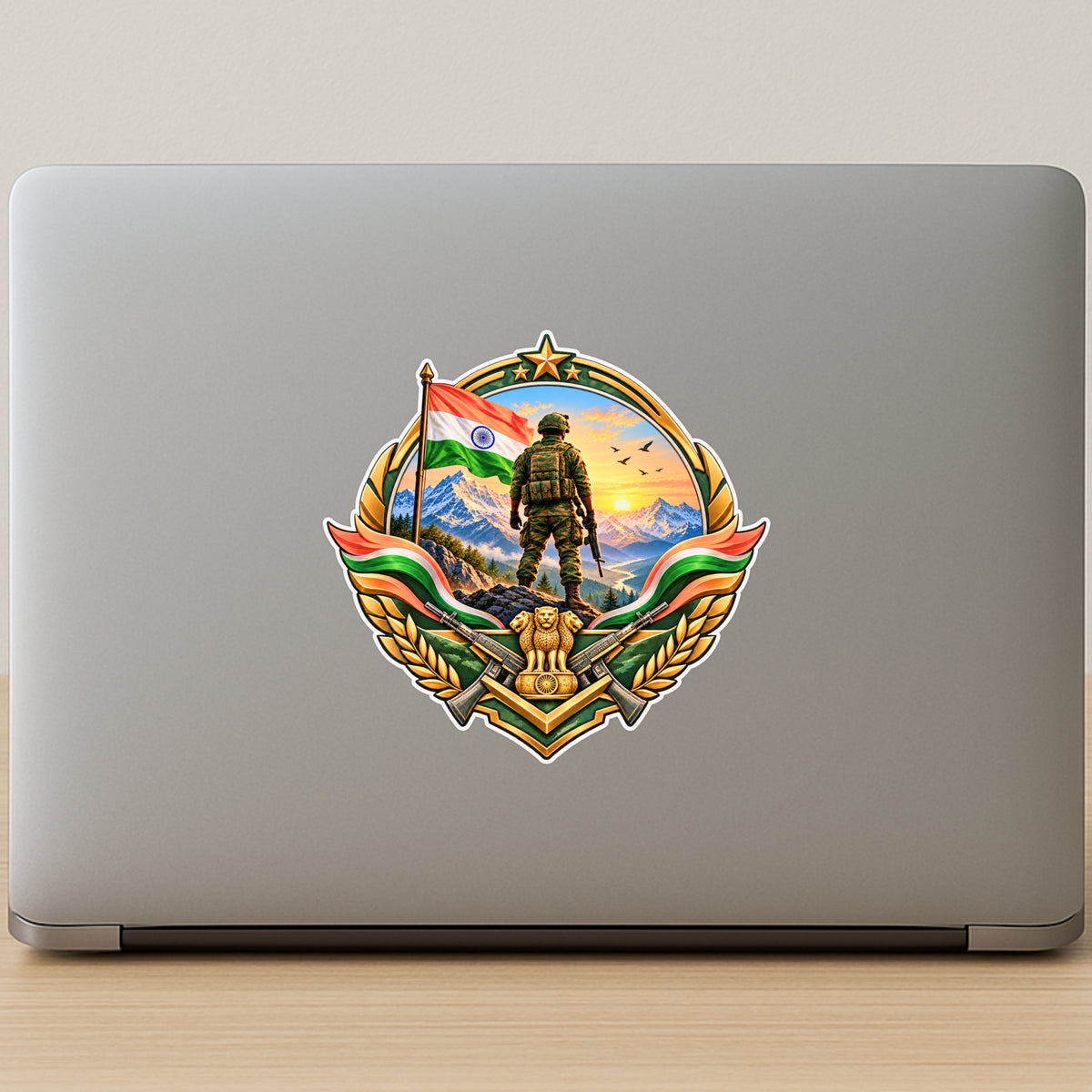 Indian Army Soldier Patriotic Badge Sticker Displayed on Laptop by STIXY