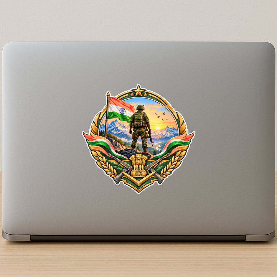 Indian Army Soldier Patriotic Badge Sticker Displayed on Laptop by STIXY
