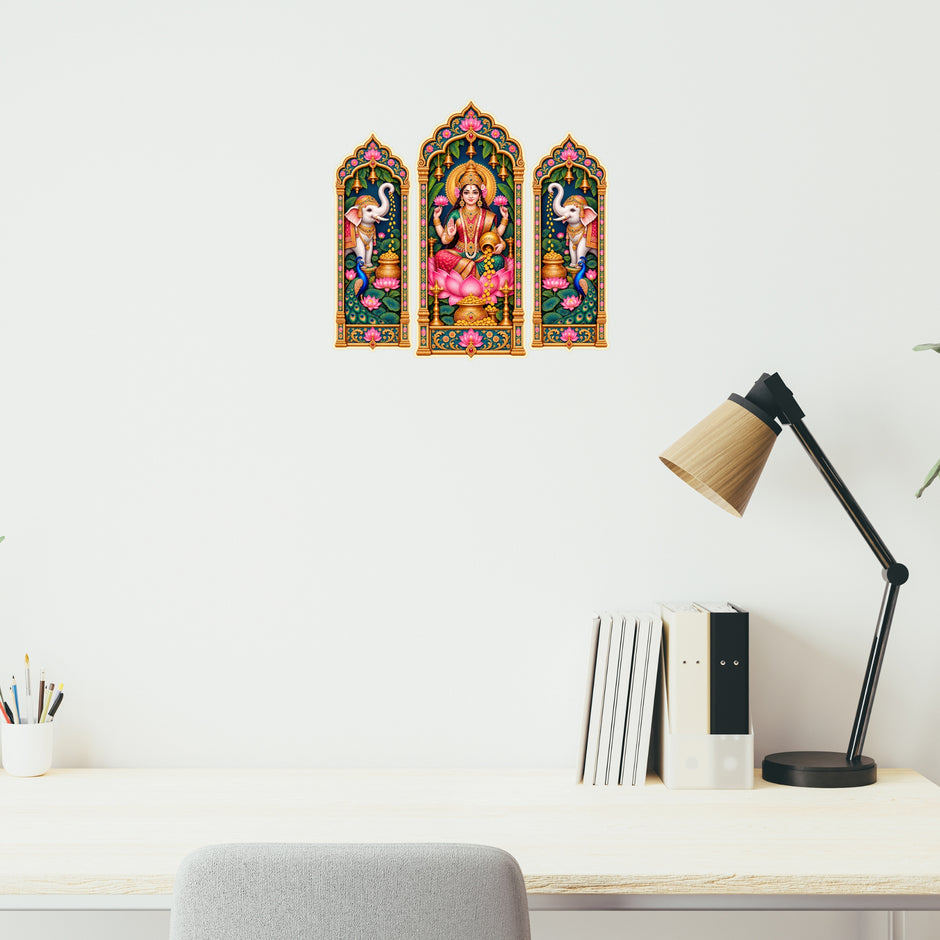 Goddess Lakshmi with Elephants Traditional Jharokha Sticker Set for Indian Home and Devotional Room Decor by STIXY