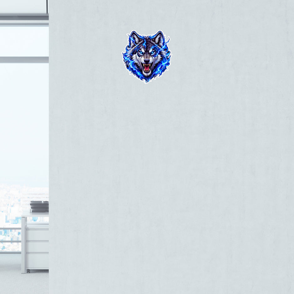 Electric Blue Wolf Head Waterproof Matte Vinyl Sticker Applied on Smooth Wall by STIXY