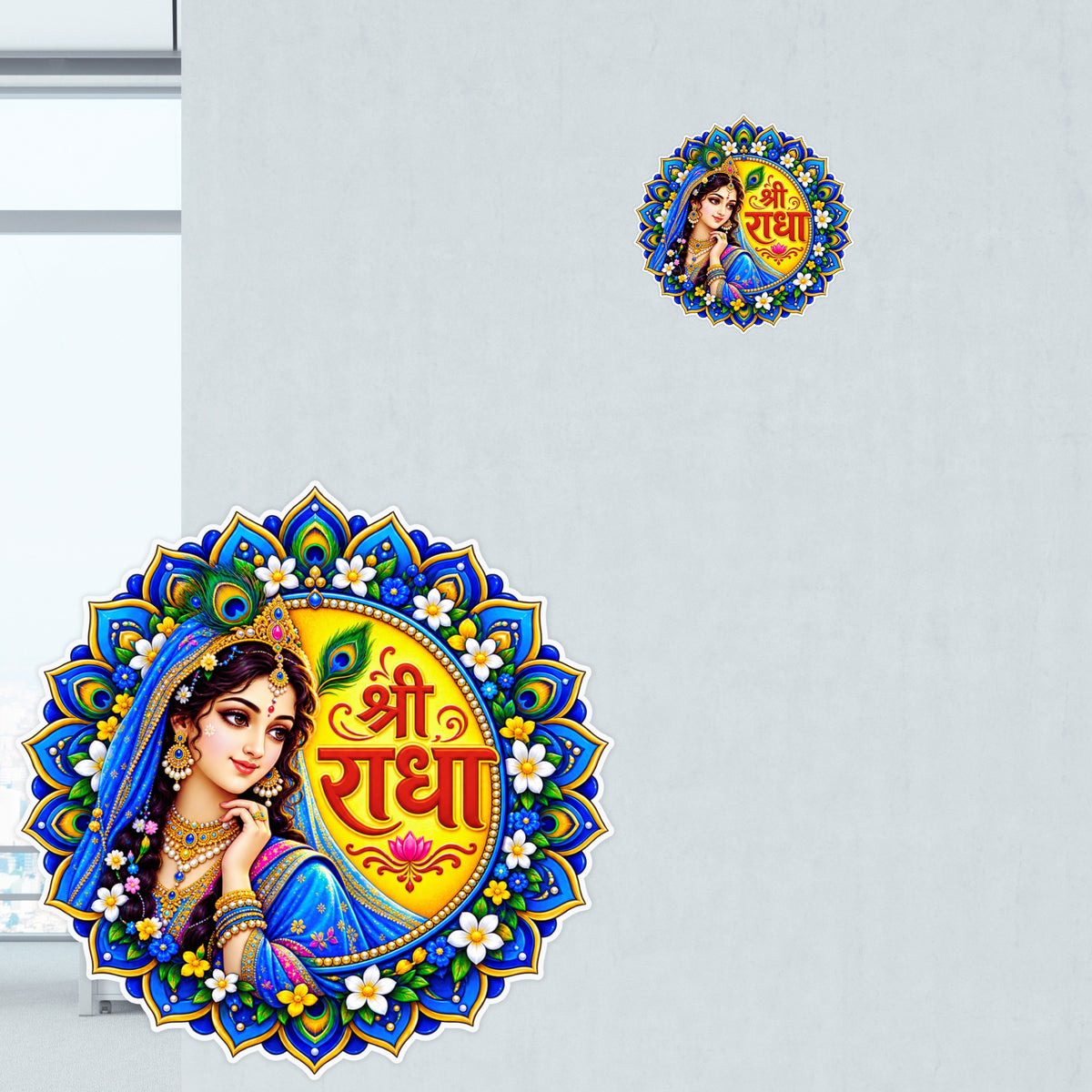 Shri Radha Colorful Floral Mandala Waterproof Matte Sticker Displayed on Smooth Wall by STIXY